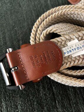 Perry Ellis Beige Woven Belt with Brown Cowhide Leather Trim 34-36 Medium